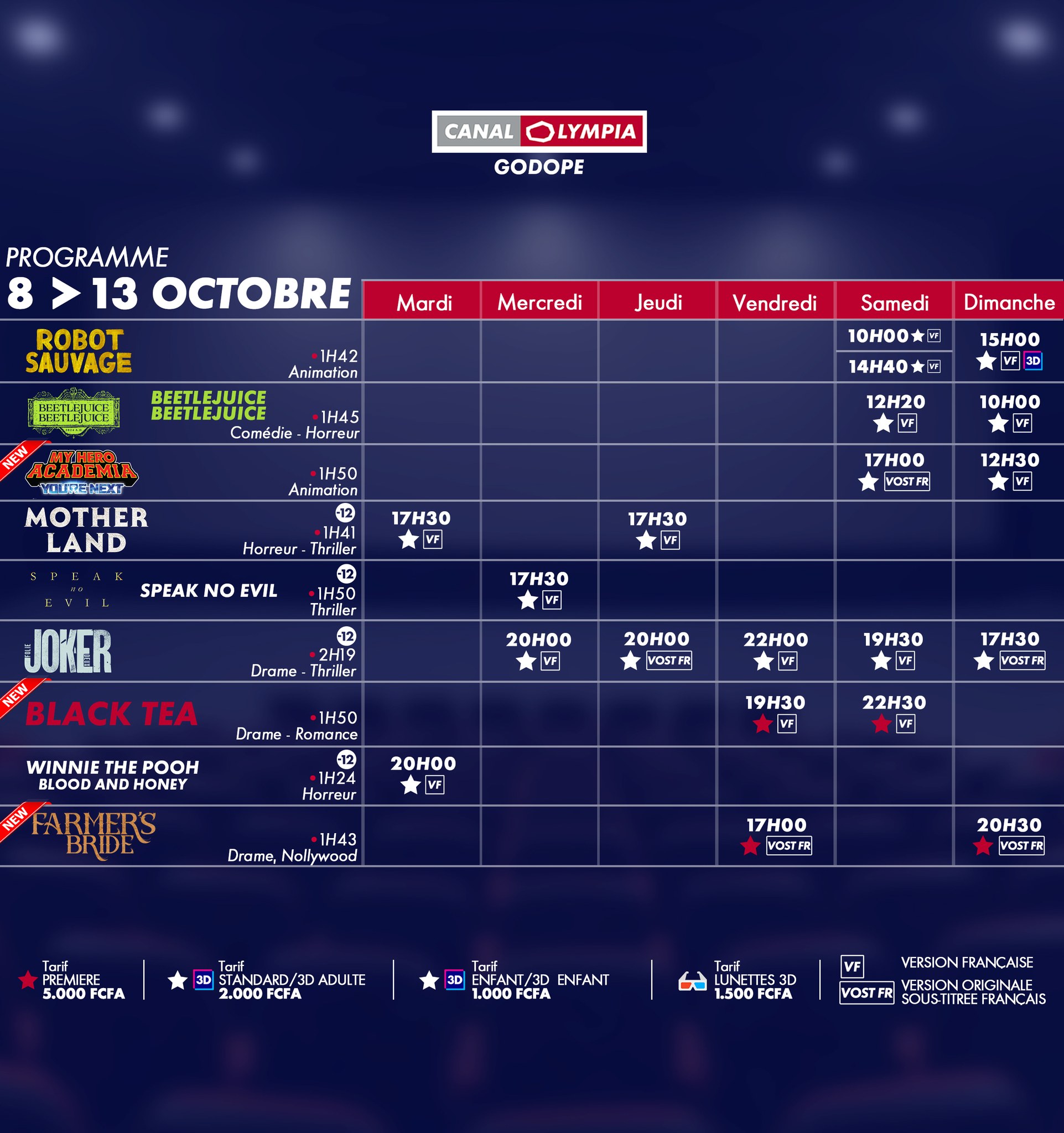 Cinéma: Films à suivre dans les salles de Canal Olympia Godopé & Midè du 08 au 13 octobre 2024.