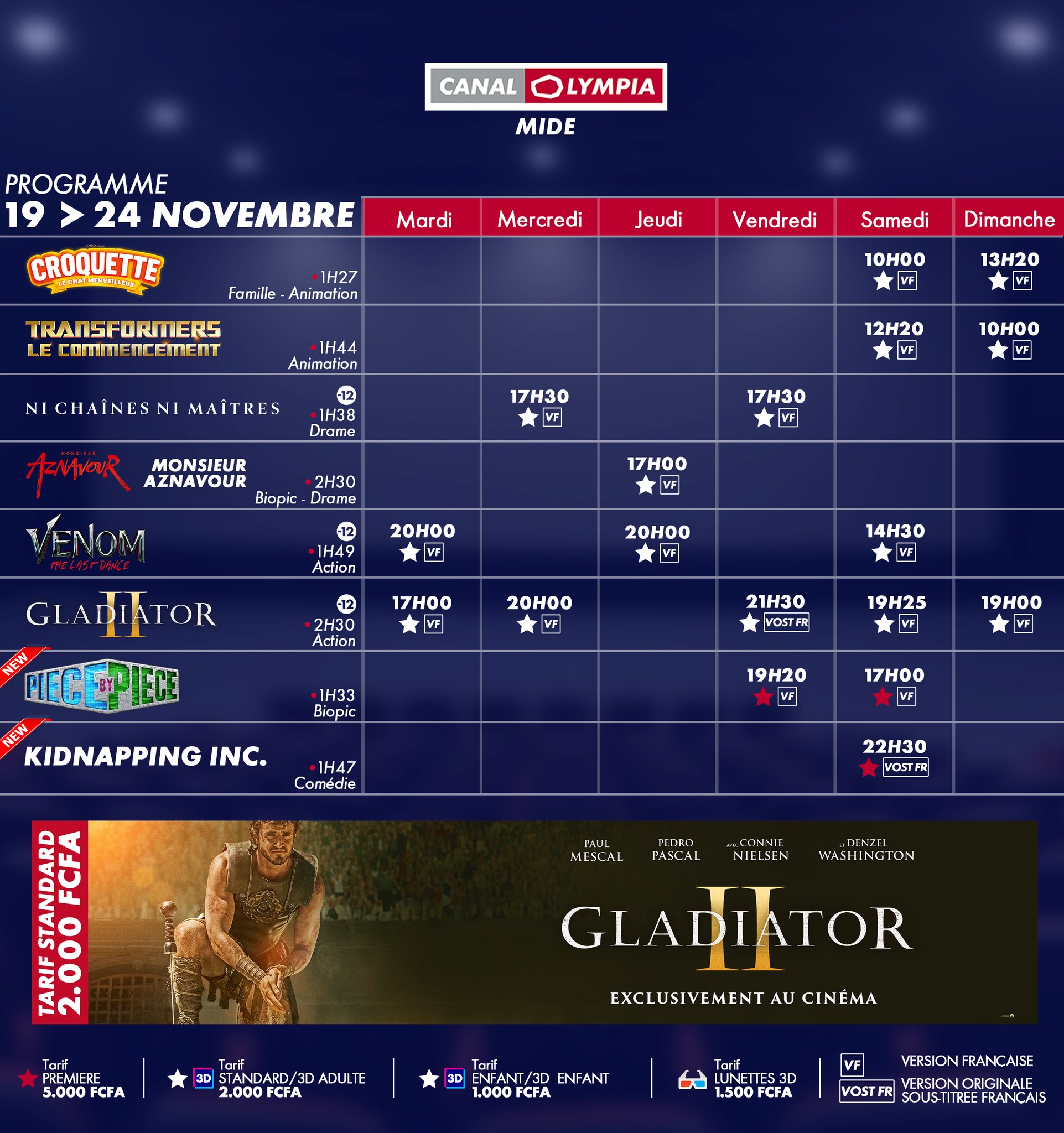 Une sélection de films captivants du 19 au 24 novembre 2024 dans les salles Canal Olympia